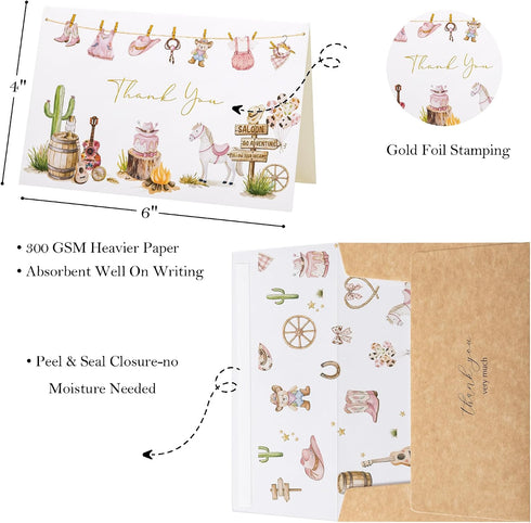 50 Pack Crisky Baby Shower Thank You Cards for Girl with Envelopes, Pink Western Cowgirl Baby Thank You Cards for Baby