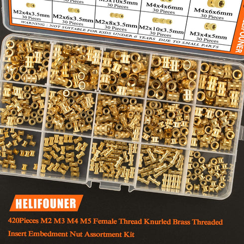 420 PCS M2 M3 M4 M5 Female Thread Knurled Nuts, Brass Threaded Insert Assortment Kit