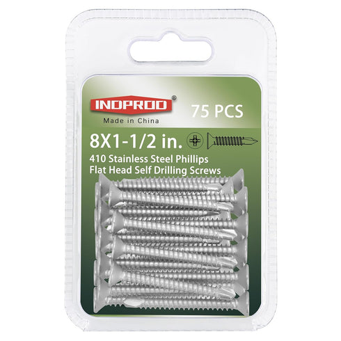 #8 x 1-1/2" Self Drilling Screw, Stainless Steel 410, Flat Head Phillips Wood Screw, 75 Pcs