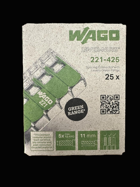 WAGO 221-425 Splicing Connector Green Range, 5-Conductor with levers for 24-12 AWG Conductors, Transparent housing (25