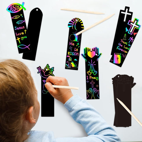 CY2SIDE 60PCS Religious Scratch Bookmarks, DIY Crosses Rainbow Color Paper Cards Craft Kits for Christian Sunday School