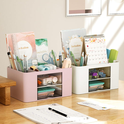 Marbrasse Pen Organizer with 2 Drawers, Multi-Functional Holder for Desk, 5 Compartments + Drawer for Office