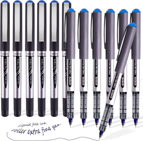 Blue Fine Tip Pen, 0.7mm Bullet Tip Liquid Ink Rollerball Pens, Free Ink Roller Fine Tip Pens, 12 Pack Office Bulk