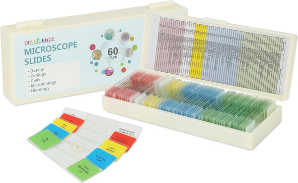 DIY-SCIENCE Microscope Slides with Specimens for Kids, 60 Lab-Grade Prepared Microscope Slides, Animal/Plant/Microbe/Tissue