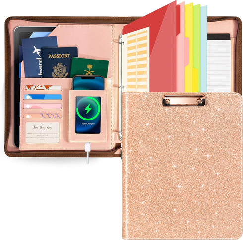 Ospelelf Leather Portfolio Folder - 3 Ring Binder with Storage Clipboard, Fits Letter Size Paper, Faux Rose Gold