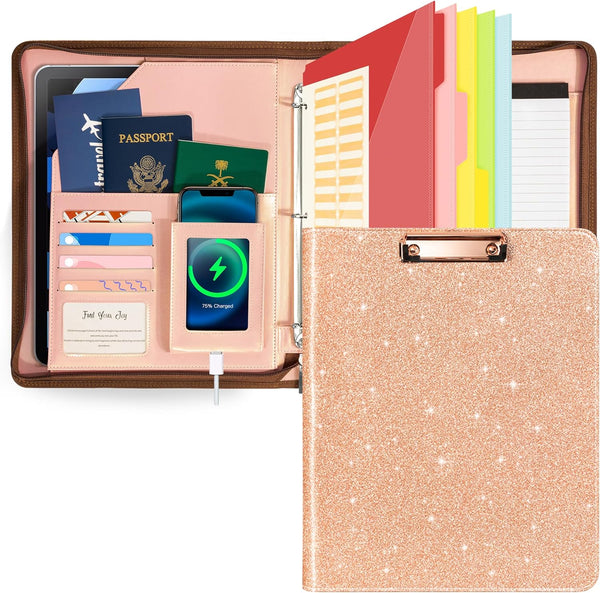Ospelelf Leather Portfolio Folder - 3 Ring Binder with Storage Clipboard, Fits Letter Size Paper, Faux Rose Gold