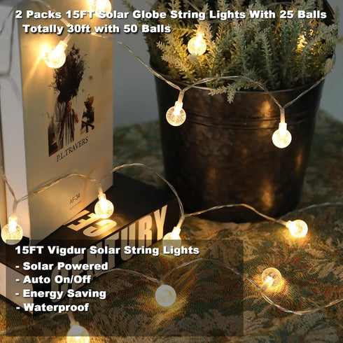 2 Packs 15ft 50 Bulbs, IP65 Vigdur Solar String Lights Outdoor, Globe String Lights with Globes Waterproof Solar