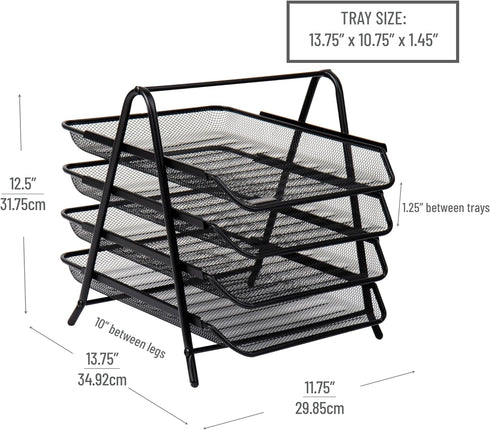 Mind Reader 4-Tier Paper Tray, Desktop Organizer, Metal Mesh, 12"L x 13.75"W x 12.5"H, Black