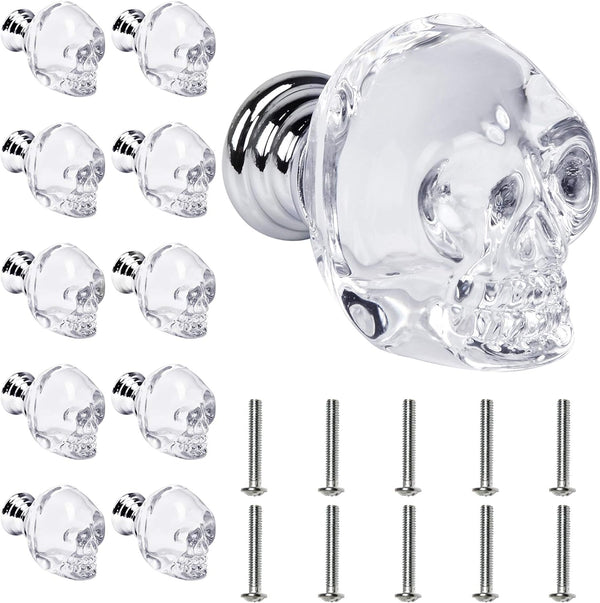 Milkary 10 Pcs Crystal Glass Door Knobs, Skull Clear Glass Wardrobe Pull Knobs