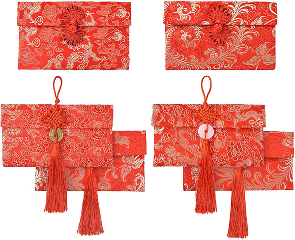 Silk Red Envelope 6PCS New Year Red Envelopes, Chinese Red Pocket for Spring Festival Wedding, New Year Birthday (3