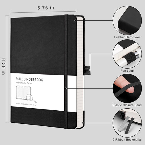 RETTACY Journaling Notebooks 2-Pack - A5 Notebooks College Ruled with 192 Numbered Pages per Pack, for Work, School, 100 GSM Acid-Free Paper, Leather Hardcover, 5.7" × 8.3" (Black & Black) by RETTACY