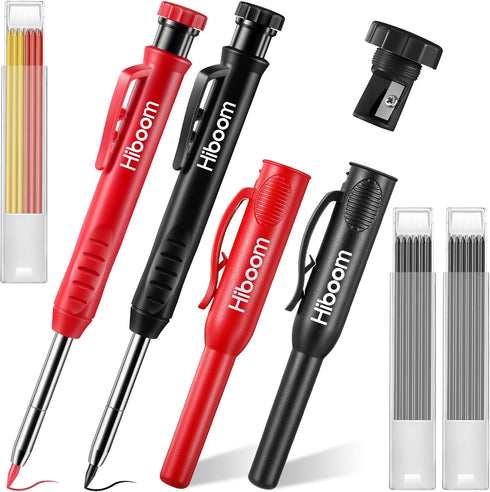 Hiboom 2 Pcs Carpenter Mechanical Pencils Marker: 18 Pcs Refills with Built-in Sharpener for Woodworking