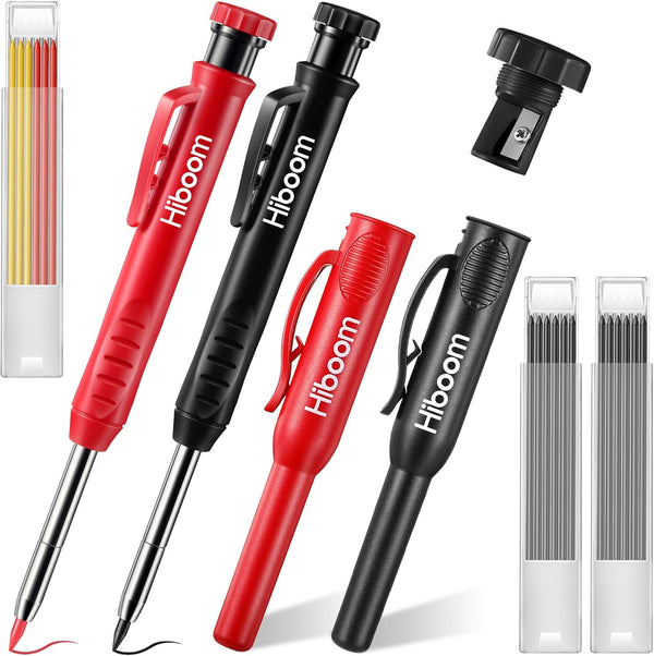 Hiboom 2 Pcs Carpenter Mechanical Pencils Marker: 18 Pcs Refills with Built-in Sharpener for Woodworking