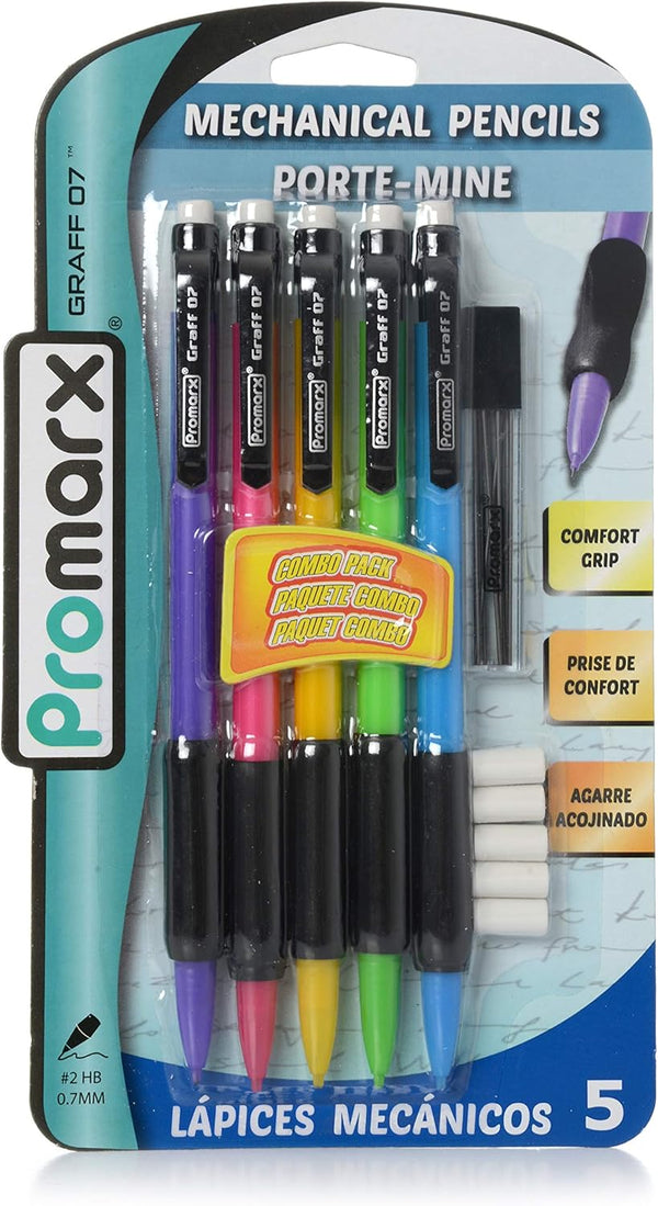 Promarx Graff 07 Mechanical Pencils, 0.7mm, Assorted Colors, Comfort Grip, Extra Lead and Eraser Included