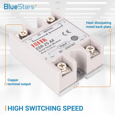 BlueStars SSR-25AA Solid State Relay, AC to AC Input 80-250VAC, Output 24-380VAC, 25A, Pack of 2