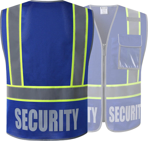 Retro-Reflection Security Safety Vests Heavy Duty Blue Mesh with 5 Pockets and Front Zipper Meet ANSI/ISEA 107-2015 (Blue-22, Large)