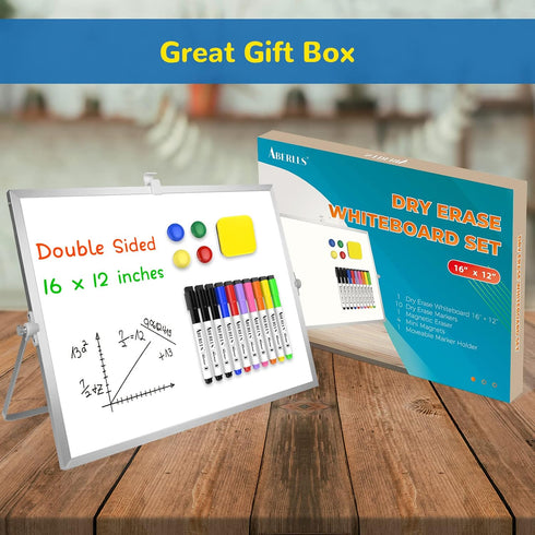 Large Magnetic Desktop Whiteboard, 16inX12in with Stand, 10 Markers, 4 Magnets, Portable Double-Sided Easel