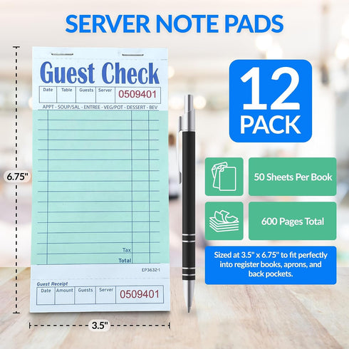 (12 Pack, 50 Reli. Server Note Pads Sheets/Pad) Guest Checks Books for Servers | Note Pads for Waitress, Restaurant