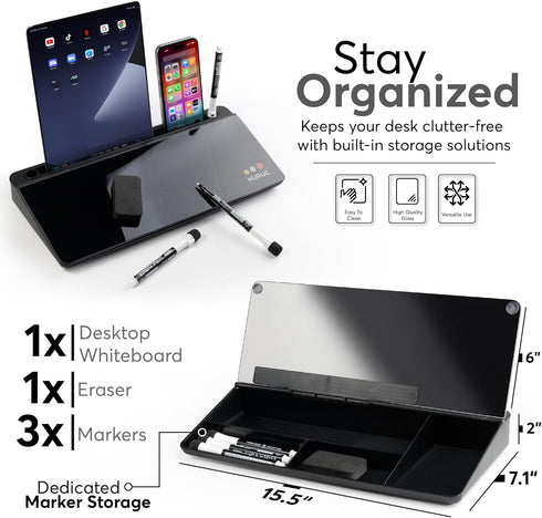 Glass Desktop Whiteboard with Storage, 15.3"x7.08"x2.16" Dry Erase Board with Markers & Duster for Home, Office, School