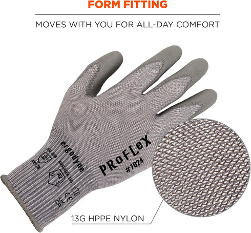 Ergodyne ProFlex 7024 Cut Resistant Work Gloves, ANSI A2, PU Coated Palms for Flexible No Slip Grip, Gray, Medium