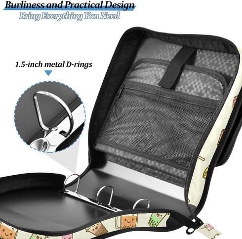 Krafig 3 Bubble Milk Tea Funny Zipper Binder Bag Ring with Handle Shoulder Strap, Binder File Organizer Bag Storage