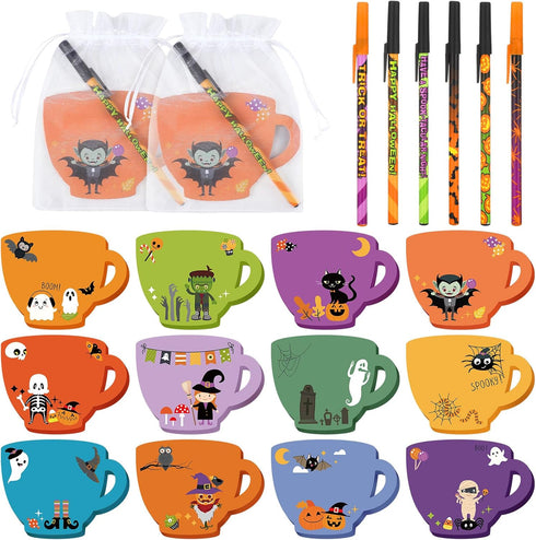 Lincia 72 Pcs Halloween Sticky Note and Ballpoint Pens Set, bulk pumpkin ghost cat weird notepad, Halloween pens,