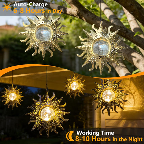 Decorations,2 Pack Hanging Solar Lights Outside Lanterns Garden Metal Sun Outdoor Art Decor for Backyard Balcony Patio