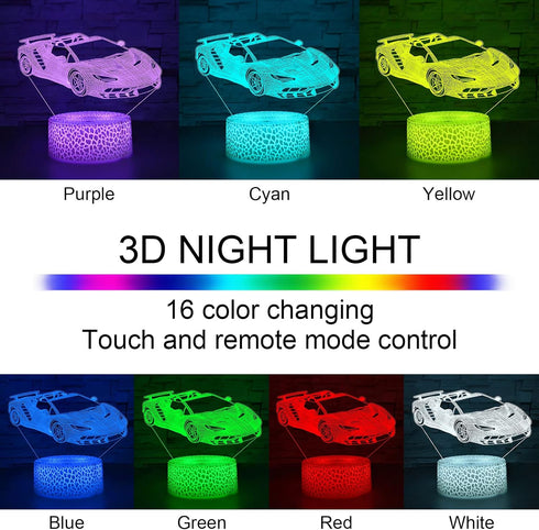 3D 16 Dimmable i-CHONY Sport Car Night Light,Race Car Optical Illusion Lamp,with Remote & Smart Touch Colors Bedroom