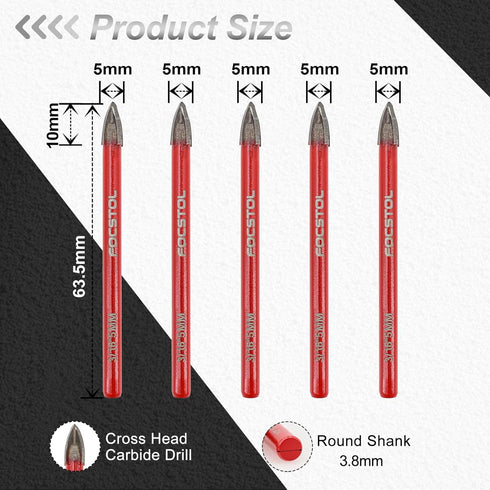 Masonry Concrete Drill Bit Set - FOCSTOL 5pcs 5mm Carbide Drill Bits Set with Round Shank for Wood Plastic Foam Tiles