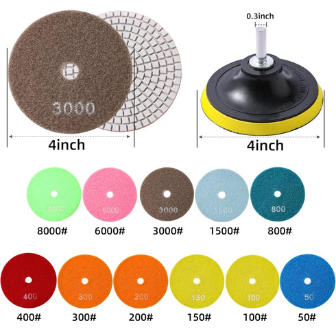 XKDOUS 13 Packs 4" Diamond Polishing Pads with Backer Pad, 50-8000 Grit Pads, 11 PCS Wet/Dry Granite Polish Kit for Drill Grinder Rock Polisher Granite Marble Stone Concrete Tile Tools