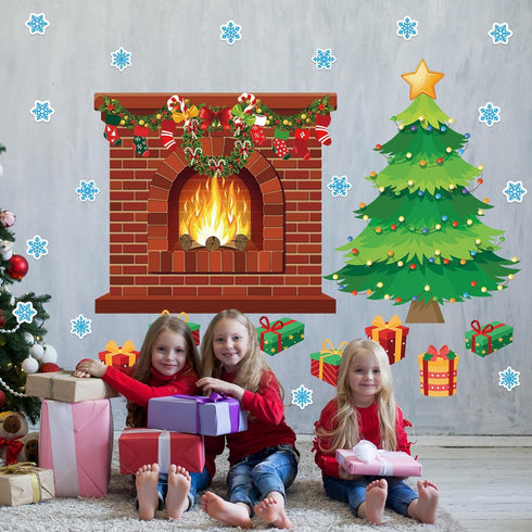 Tatuo 71 Pcs Christmas Fireplace Bulletin Board, Large Holiday Brick Background with Christmas Tree Candy Snowflakes