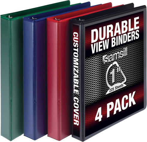 Samsill Durable 1 Inch Binder, Made in the USA, D Ring Binder, Customizable Clear View Cover, 4 Pack