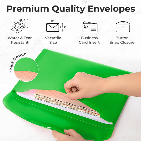 Plastic Envelopes, 12 Pack Document Folders, A4 Size, Snap Closure, Reusable Plastic File Folder, Poly Envelopes