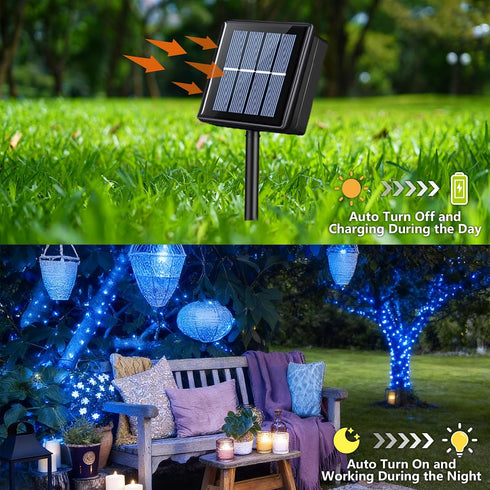 4 Pack 33ft 100 8 YEGUO Blue Solar Fairy Lights, Each LED Christmas Lights Outdoor Waterproof, Modes Sliver Wire Solar