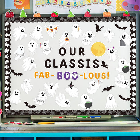 B1ykin 134Pcs Halloween Ghost Bulletin Board Decoration Set, Ghosts Patterned Paper Cutouts for Classroom and Home