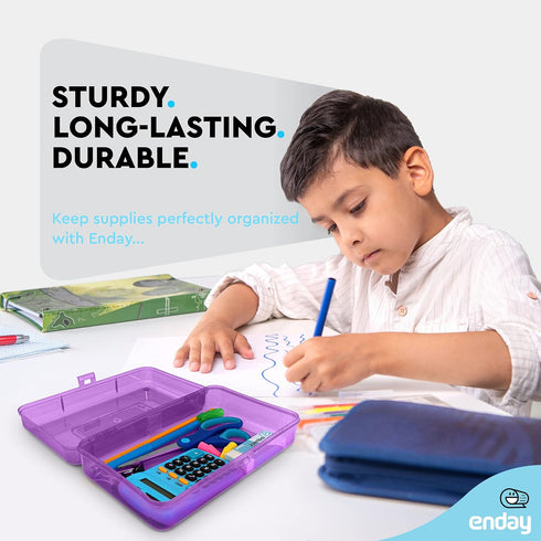 Enday Plastic Pencil Box Case, Large Capacity Purple Organizer for School and Office Supplies