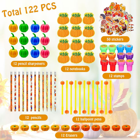 Cinrobiye 122 Pcs Fall Pumpkins Party Favors, Thanksgiving Day School Stationery Set, Harvest Classrooms Reward Prizes