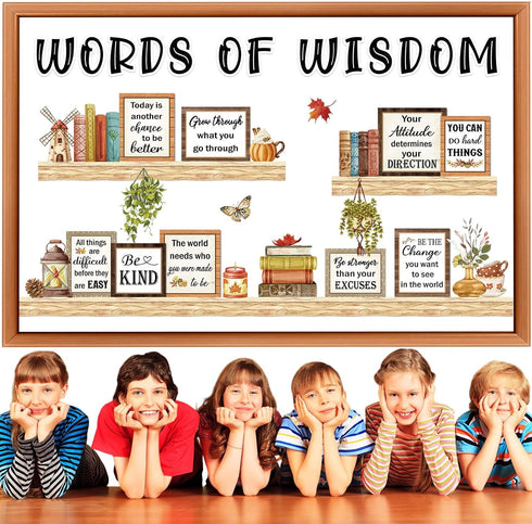 Set, Qilery Bookshelf Bulletin Board Motivational Words of Wisdom Cutouts for Classroom Decor, Rustic Boho Library
