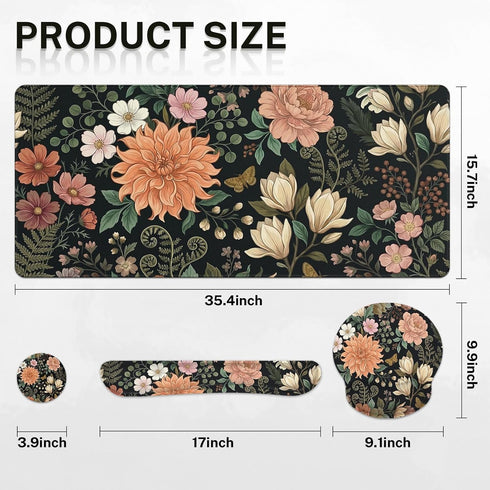 Arttown Set 4 1 Spring Flower Desk Mat Leaves Floral Colorful Mouse Pad in Ergonomic Design Large Mousepad + Keyboard