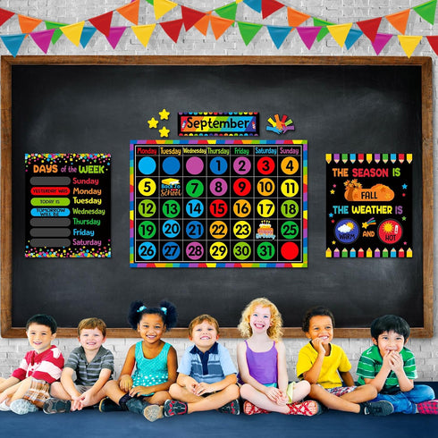Calendar Bulletin Board Set - Seasons Weather Chart Display with Stickers for Classroom