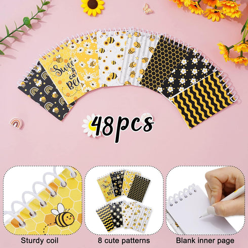 Whaline 48 Pack Bee Spiral Mini Notebook - Cute Honey Bee Themed Memo Pads for Office School Home Note Taking