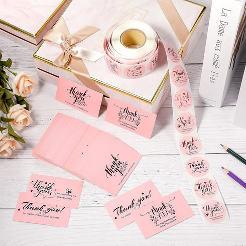 Outus 600 Set Package Pieces Thank You for Supporting My Small Business Cards and Stickers - Pink Gold Foil Thank You