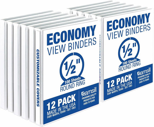 Samsill Economy 0.5 Inch 3 Ring Binder - Made in The USA, Round Ring, Customizable Clear View, 12 Pack
