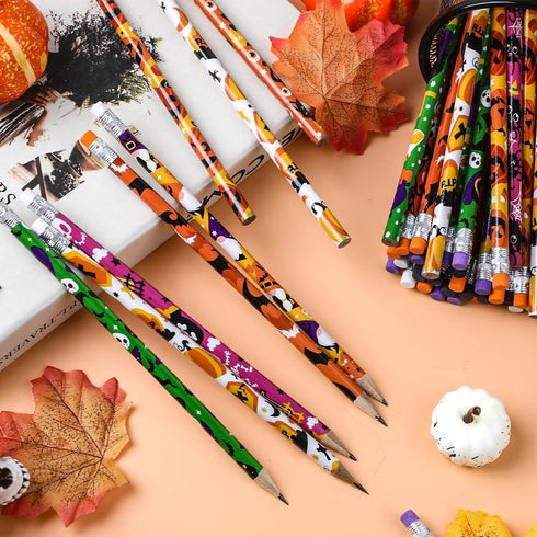 LOMIMOS 120pcs Halloween Pencil Bulk, Colorful Wooden with Eraser, 12 Patterns for Kid Trick or Treat Party Supplies