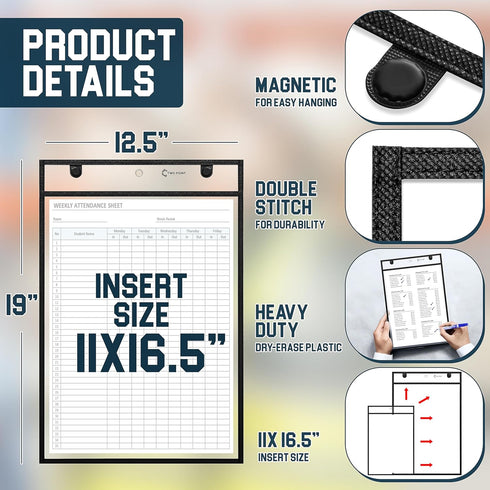 Two Point (25-Pack) 11 16.5 inch Huge Magnetic Dry Erase Pockets by - Portrait - Fits x Pages, Black Dry Erase Sleeves