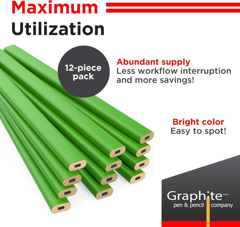 GRAPHITE Hard Lead Carpenter Pencil #2, Industrial Pencil for Wood Working Tools Marking - Pack of 12 PCS