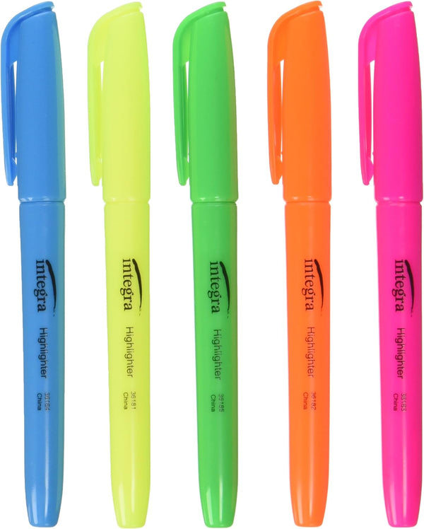 Integra Pen Style Highlighter, Chisel Point, 5/Set, Fluorescent Assorted (ITA36180)