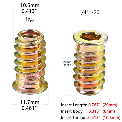 200 Pieces 1/4"-20 Wood Inserts Bolt Furniture Screw in Nut Threaded Fastener Connector Hex Socket Drive for Wood Furniture Assortment (200 Pcs 1/4"-20 x20mm)