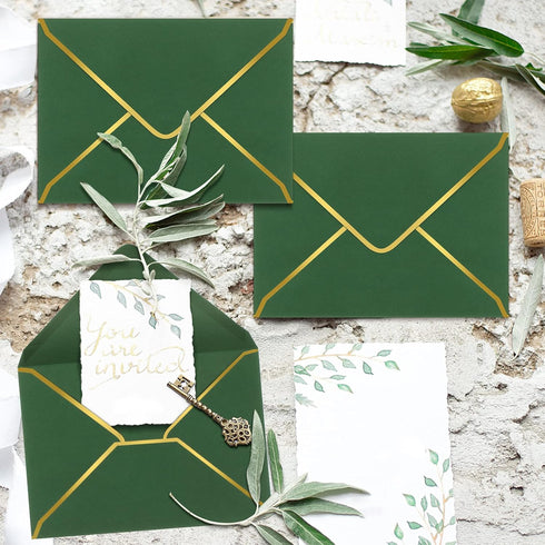 Teling 100 Pack A7 V Flap Envelope Invitations, 5 x 7 Fancy Envelopes with Gold Border for Bridal Shower Wedding