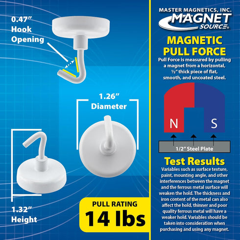 Master Magnetics White Magnetic Hook Set, 1.25" Diameter, 14 Pound Pull, Pack of 7